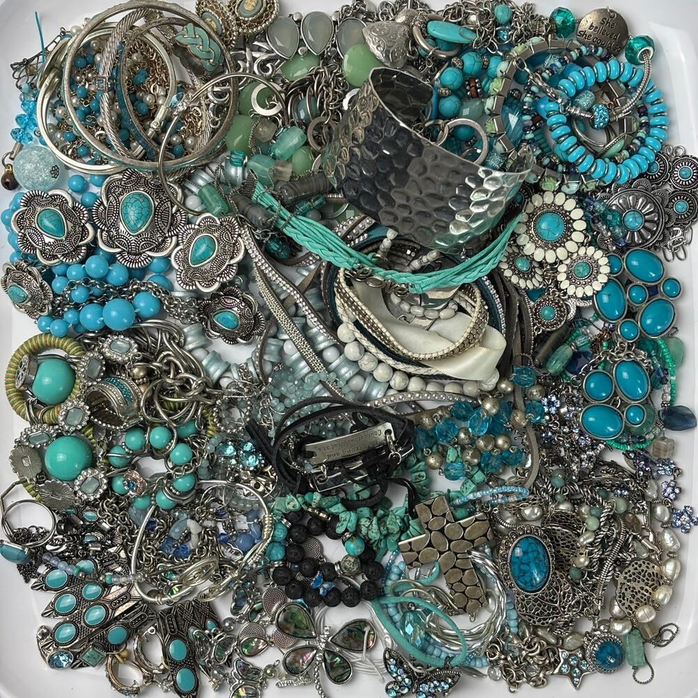 Curated Craft Jewelry Lot - 3 lbs Turquoise Blue Silver Tone Southwestern Boho